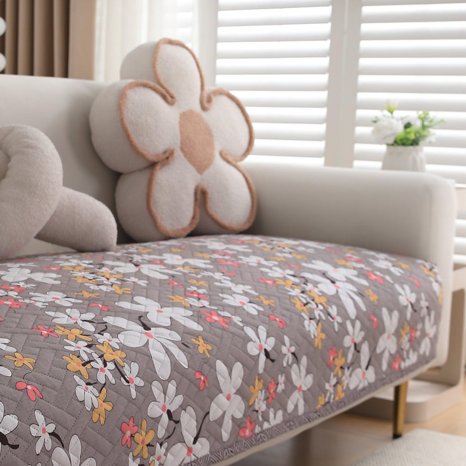 HOKIPO Printed Quilted Sofa Cover L Shape, Pastel Brown Sandwort Flower - HOKIPO | Har Ghar ka Humsafar