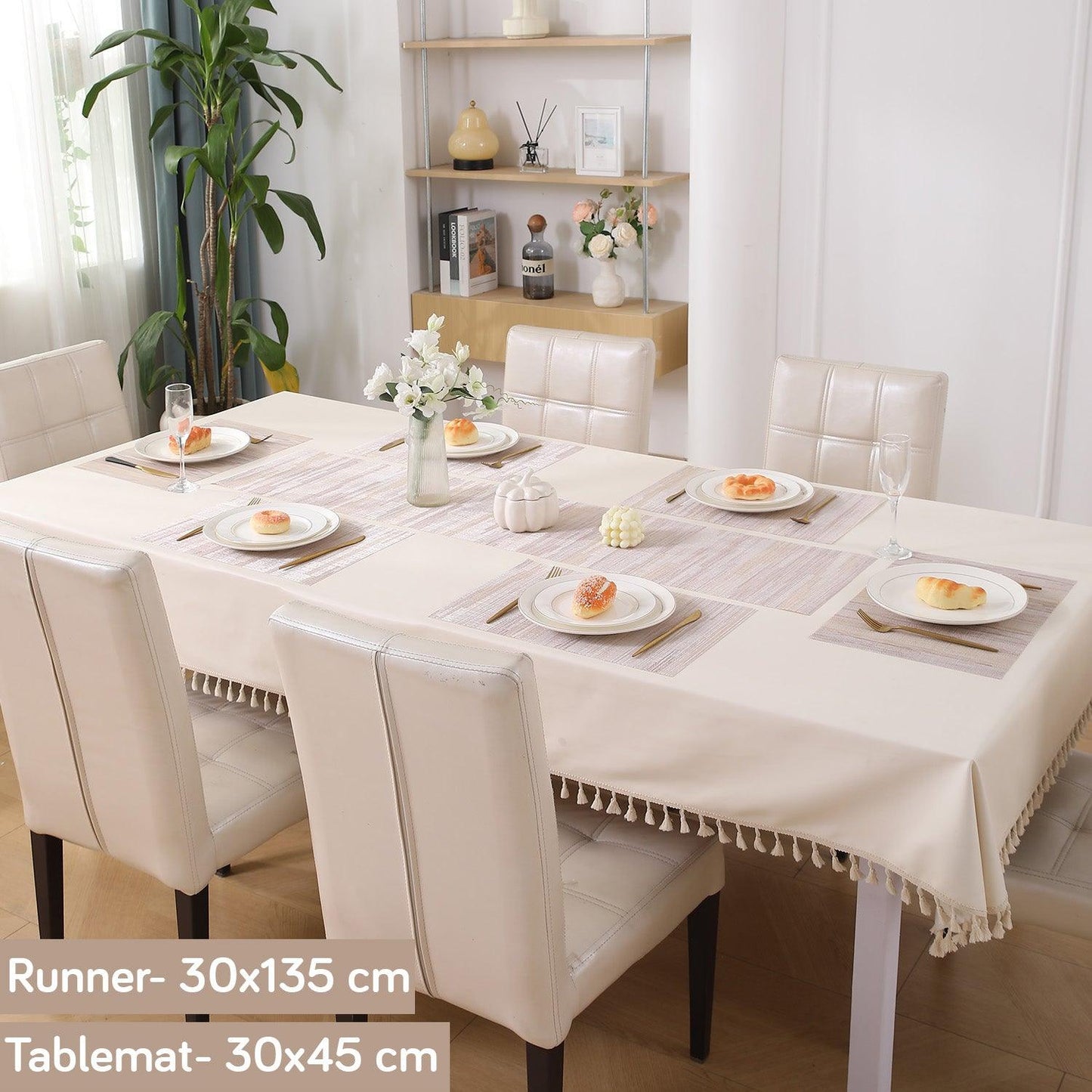 HOKIPO PVC Dining Table Mats and Runner Set of 4/6, Butter Cream Vertical Lines - HOKIPO | Har Ghar ka Humsafar