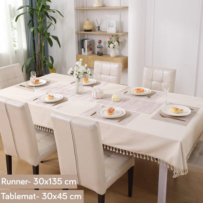 HOKIPO PVC Dining Table Mats and Runner Set of 4/6, Butter Cream Vertical Lines - HOKIPO | Har Ghar ka Humsafar