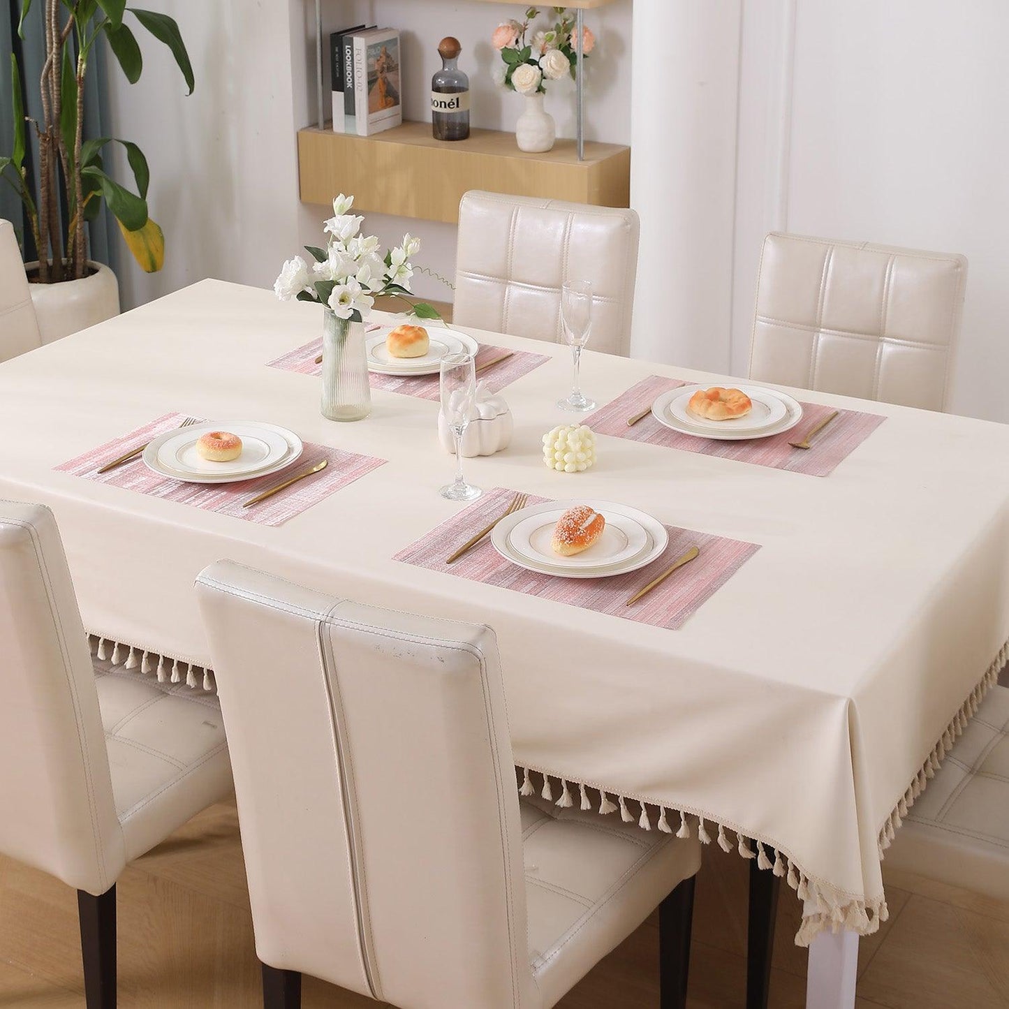 HOKIPO PVC Dining Table Mats and Runner Set of 4/6, Butter Cream Vertical Lines - HOKIPO | Har Ghar ka Humsafar