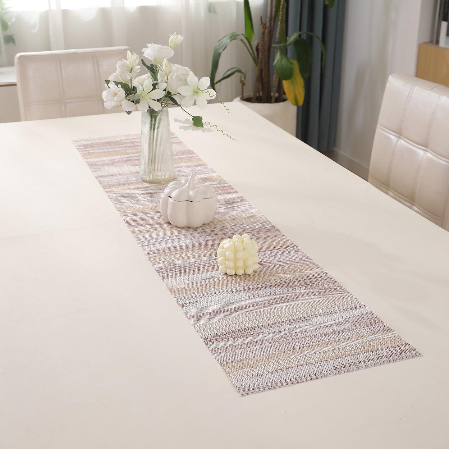 HOKIPO PVC Dining Table Mats and Runner Set of 4/6, Butter Cream Vertical Lines - HOKIPO | Har Ghar ka Humsafar