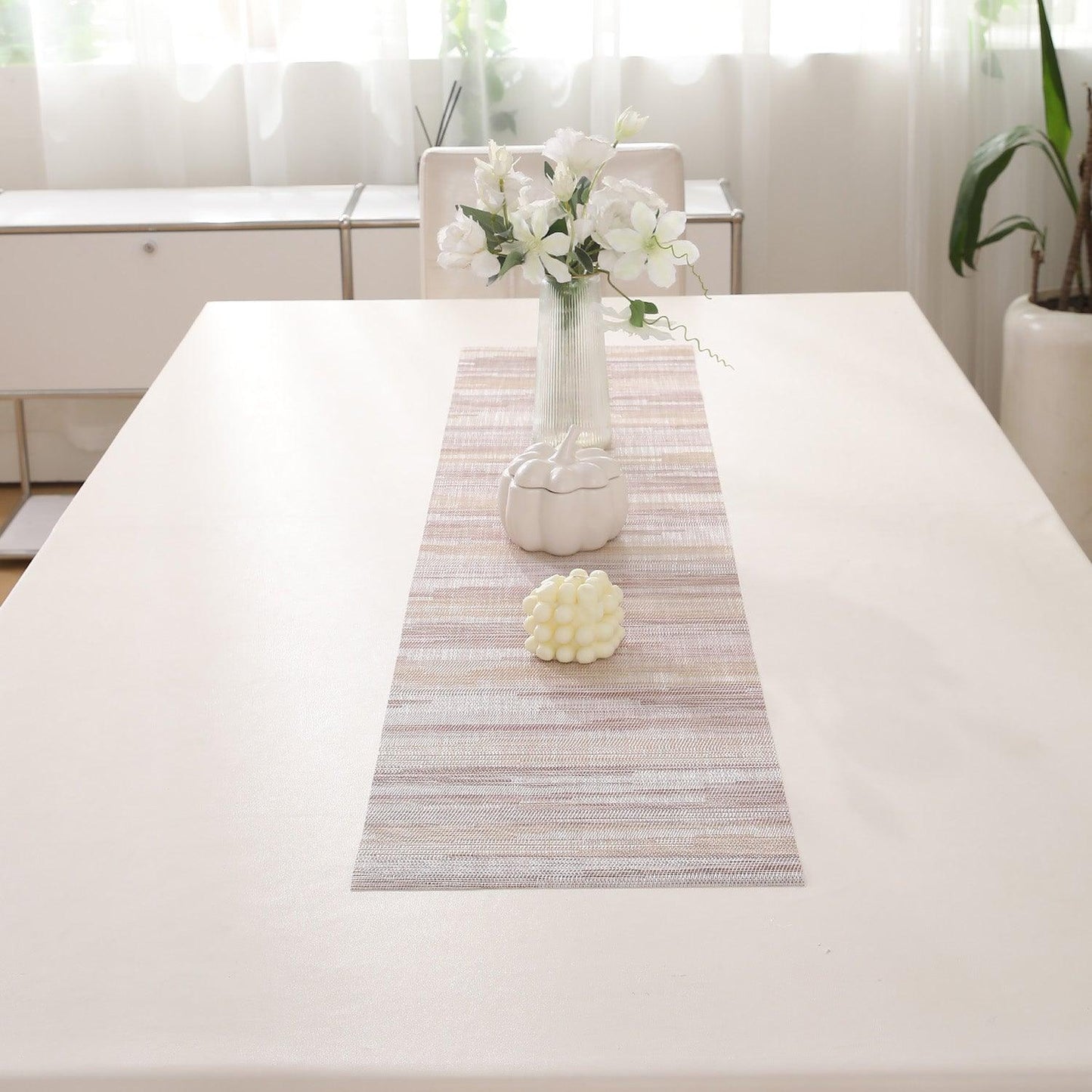 HOKIPO PVC Dining Table Mats and Runner Set of 4/6, Butter Cream Vertical Lines - HOKIPO | Har Ghar ka Humsafar