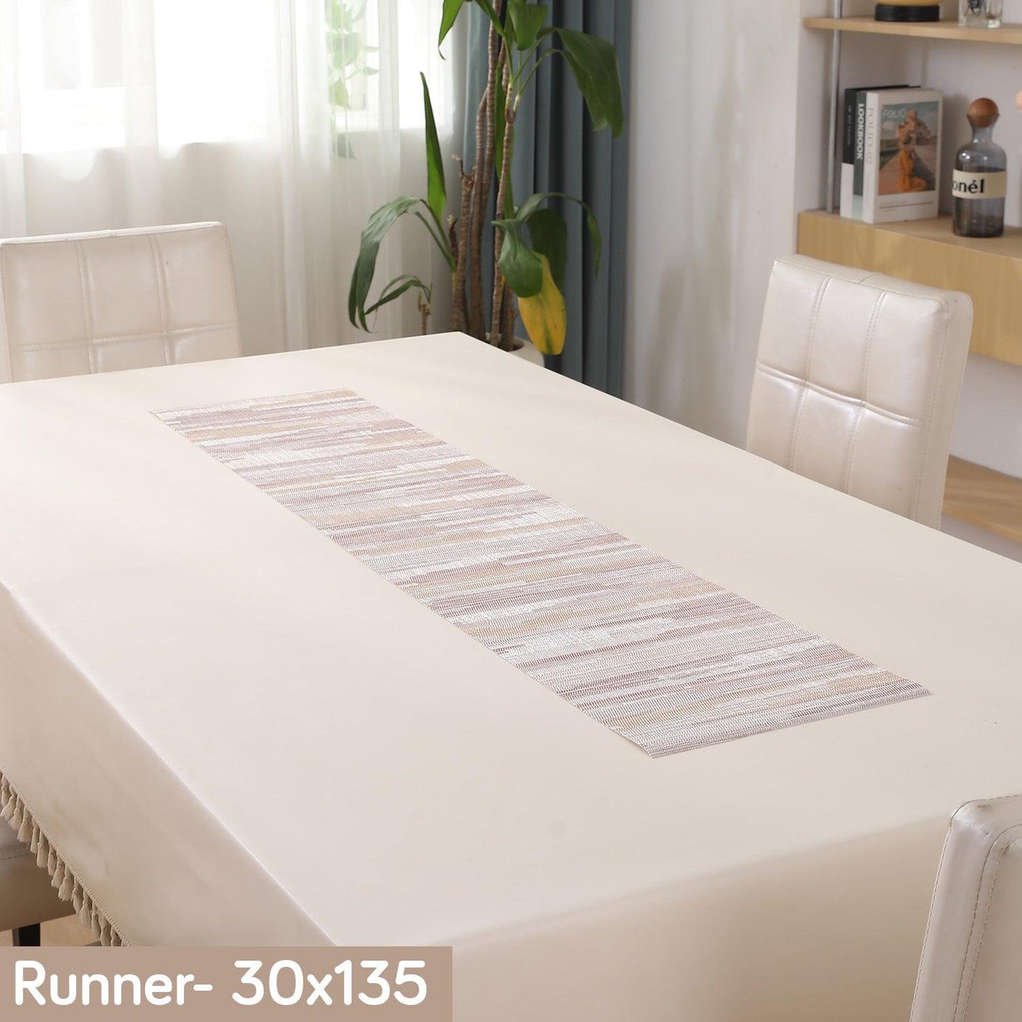 HOKIPO PVC Dining Table Mats and Runner Set of 4/6, Butter Cream Vertical Lines - HOKIPO | Har Ghar ka Humsafar