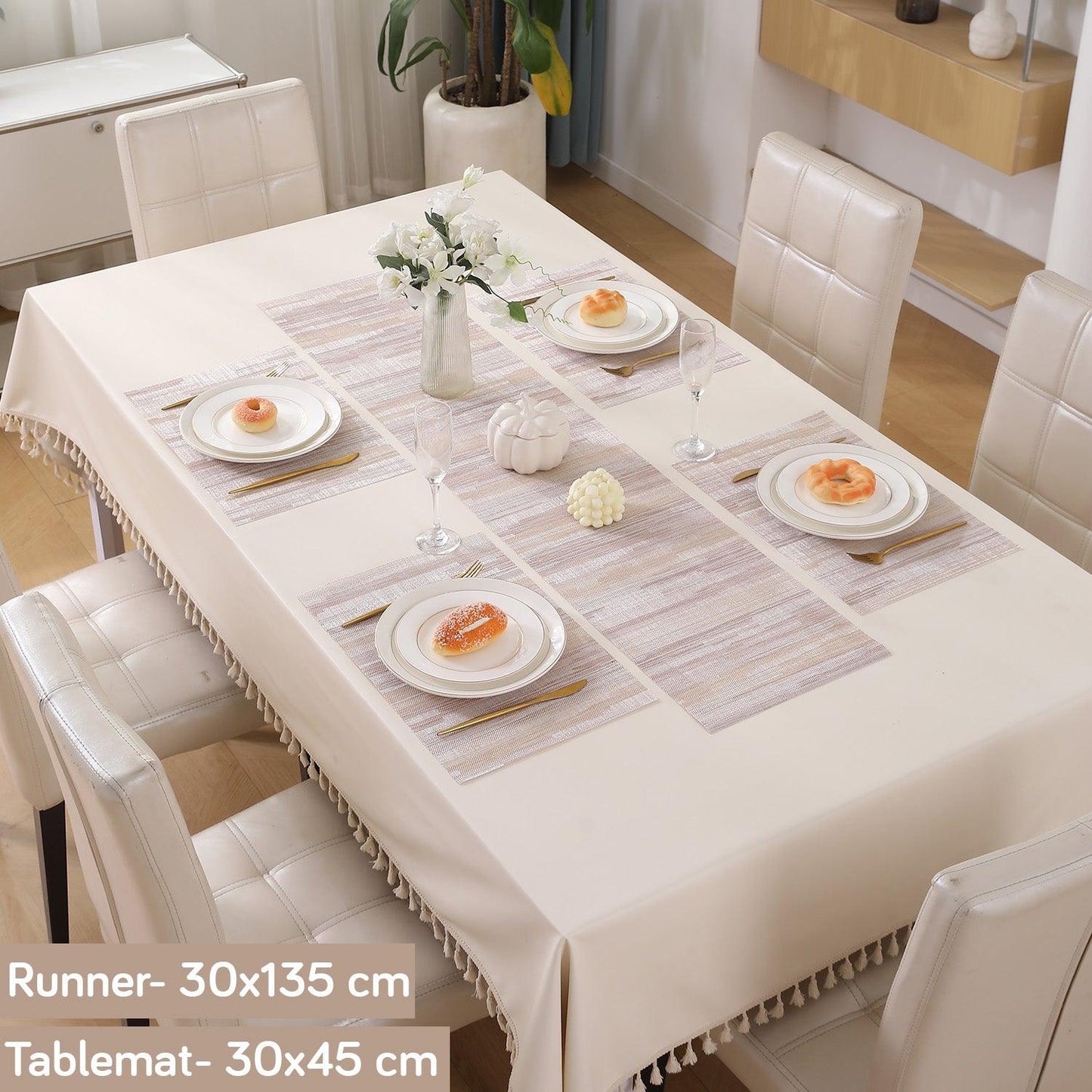 HOKIPO PVC Dining Table Mats and Runner Set of 4/6, Butter Cream Vertical Lines - HOKIPO | Har Ghar ka Humsafar