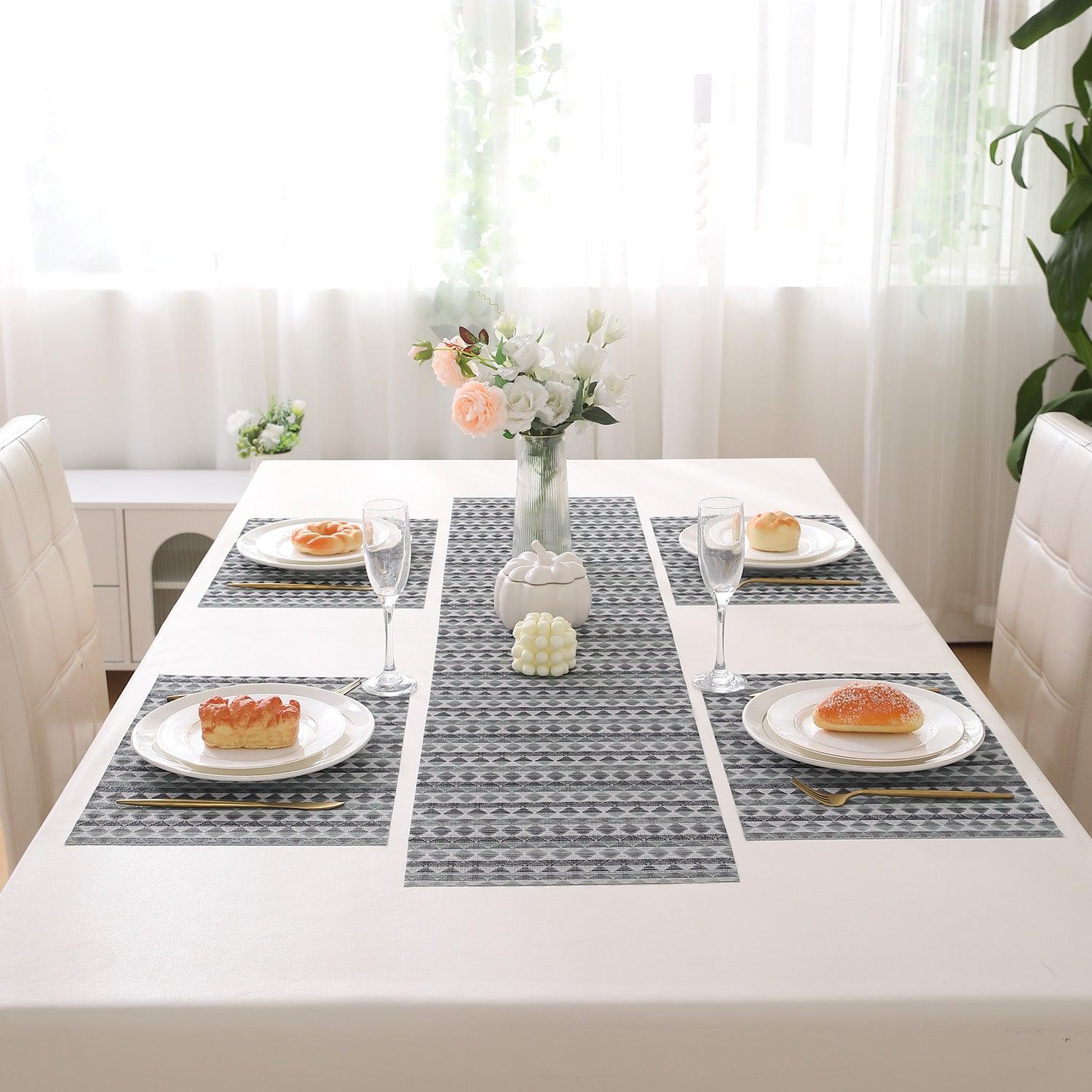 HOKIPO PVC Dining Table Mats and Runner Set of 4/6, Cool Grey Rhombus - HOKIPO | Har Ghar ka Humsafar