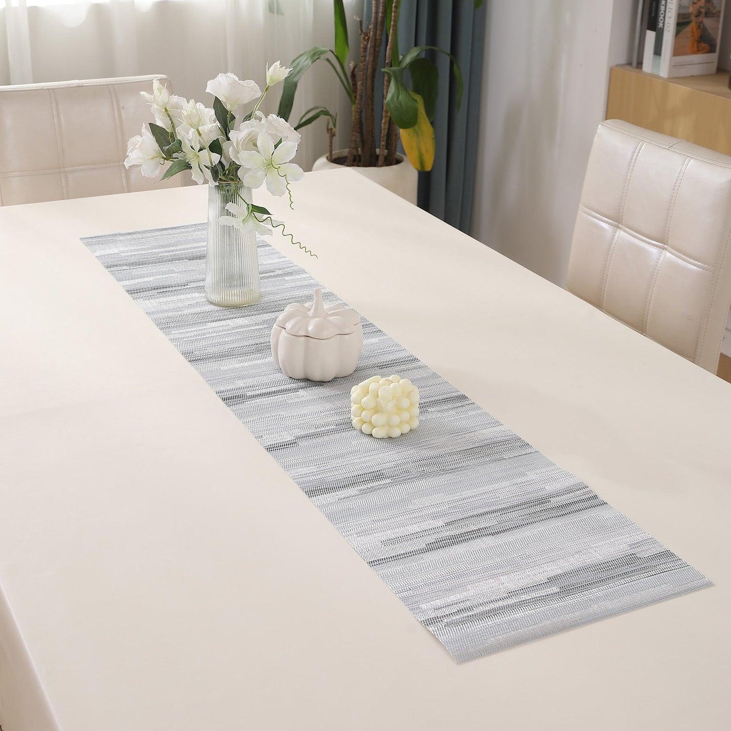 HOKIPO PVC Dining Table Mats and Runner Set of 4/6, Dove Blue Vertical Lines - HOKIPO | Har Ghar ka Humsafar