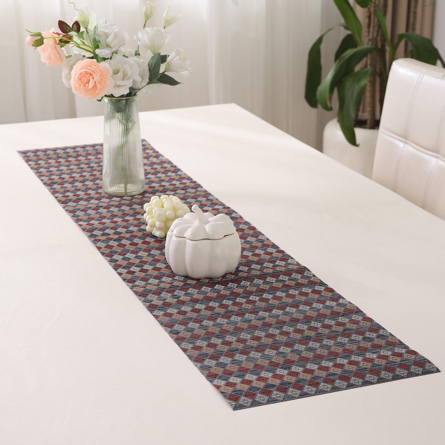 HOKIPO PVC Dining Table Mats and Runner Set of 4/6, Red Blue Rhombus - HOKIPO | Har Ghar ka Humsafar