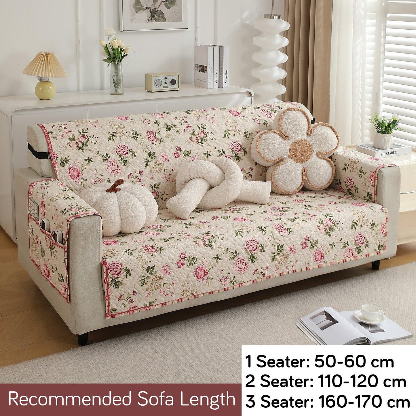 HOKIPO Quilted 1/2/3 Seater Sofa Cover with Pockets, Beige Peonies - HOKIPO | Har Ghar ka Humsafar