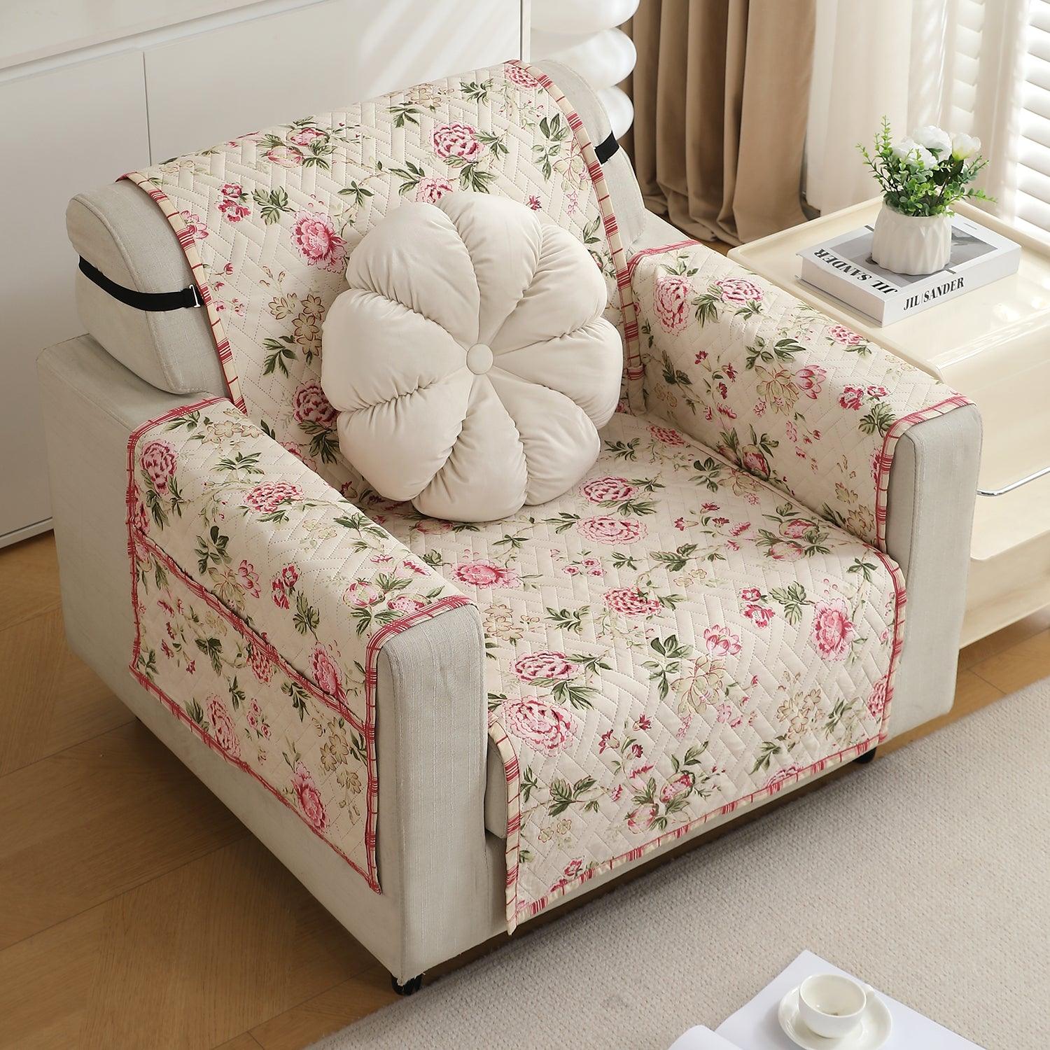 HOKIPO Quilted 1/2/3 Seater Sofa Cover with Pockets, Beige Peonies - HOKIPO | Har Ghar ka Humsafar