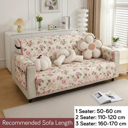 HOKIPO Quilted 1/2/3 Seater Sofa Cover with Pockets, Beige Peonies - HOKIPO | Har Ghar ka Humsafar