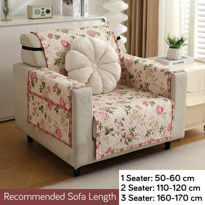 HOKIPO Quilted 1/2/3 Seater Sofa Cover with Pockets, Beige Peonies - HOKIPO | Har Ghar ka Humsafar