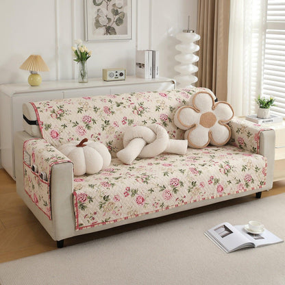 HOKIPO Quilted 1/2/3 Seater Sofa Cover with Pockets, Beige Peonies - HOKIPO | Har Ghar ka Humsafar