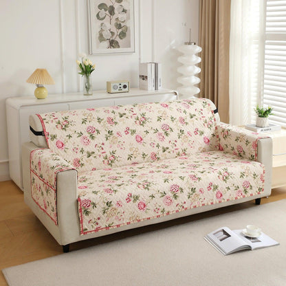 HOKIPO Quilted 1/2/3 Seater Sofa Cover with Pockets, Beige Peonies - HOKIPO | Har Ghar ka Humsafar