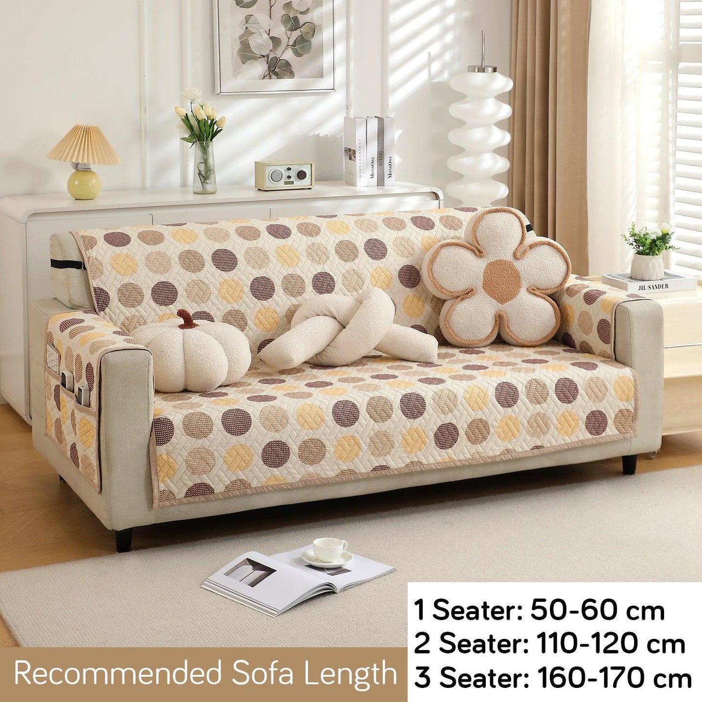 HOKIPO Quilted 1/2/3 Seater Sofa Cover with Pockets, Brown Polka Dot - HOKIPO | Har Ghar ka Humsafar