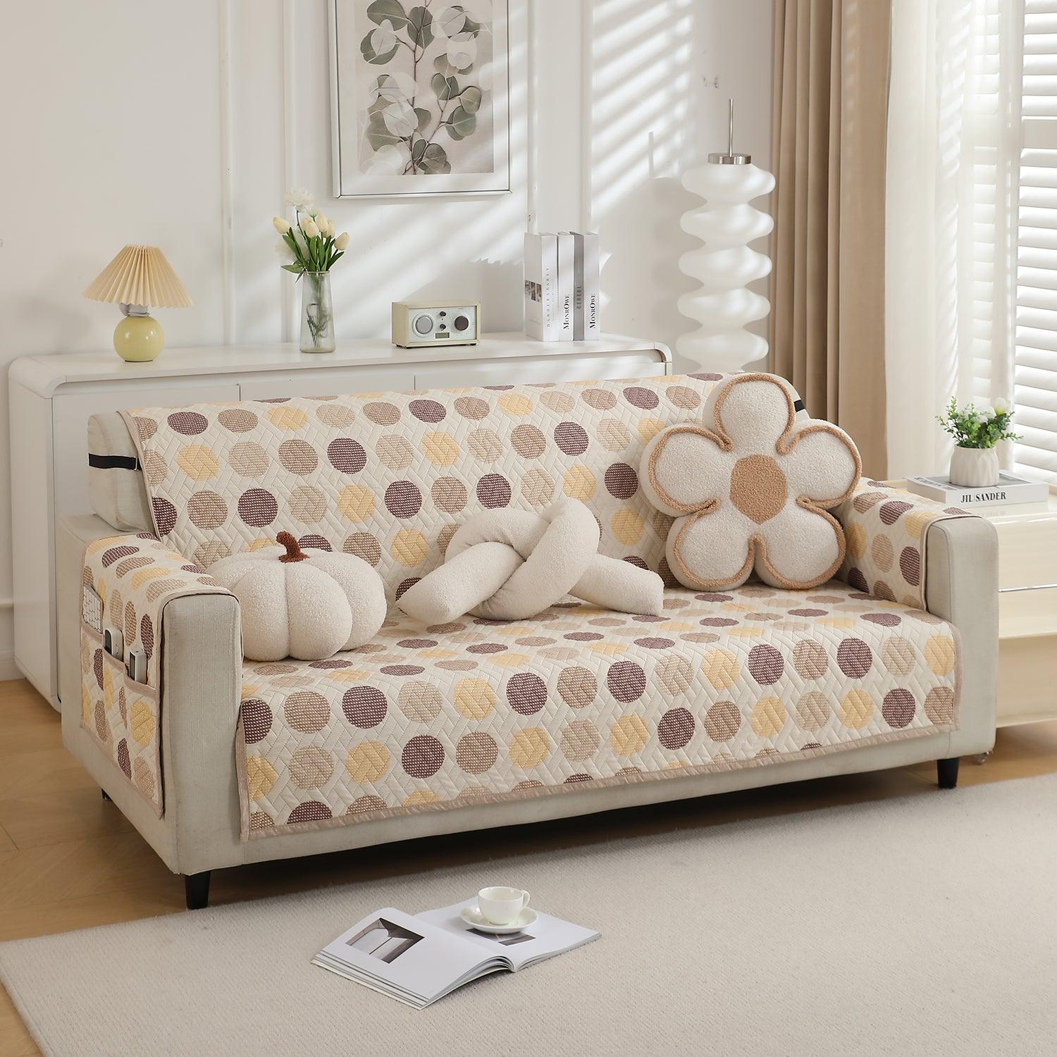 HOKIPO Quilted 1/2/3 Seater Sofa Cover with Pockets, Brown Polka Dot - HOKIPO | Har Ghar ka Humsafar