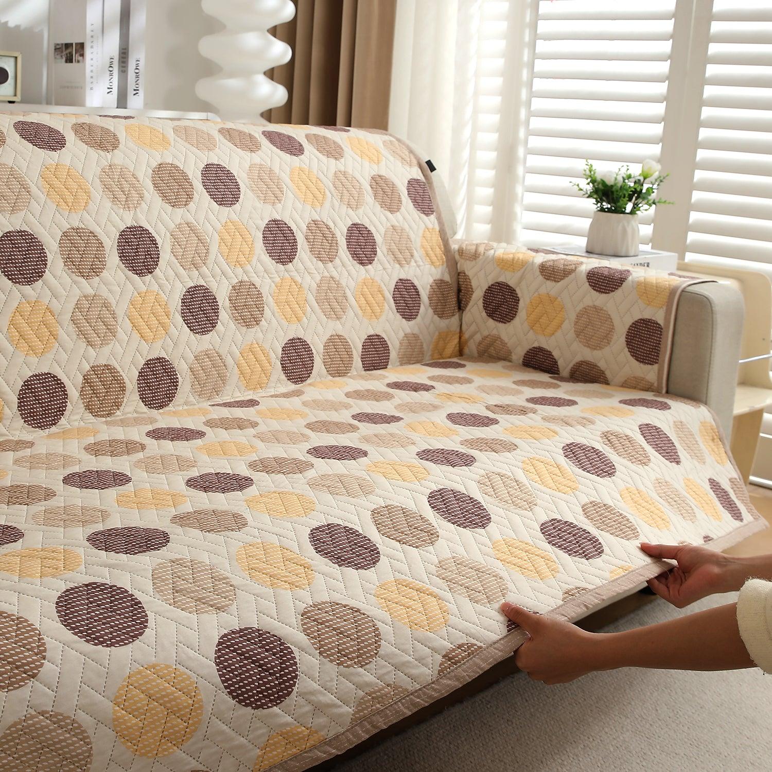 HOKIPO Quilted 1/2/3 Seater Sofa Cover with Pockets, Brown Polka Dot - HOKIPO | Har Ghar ka Humsafar