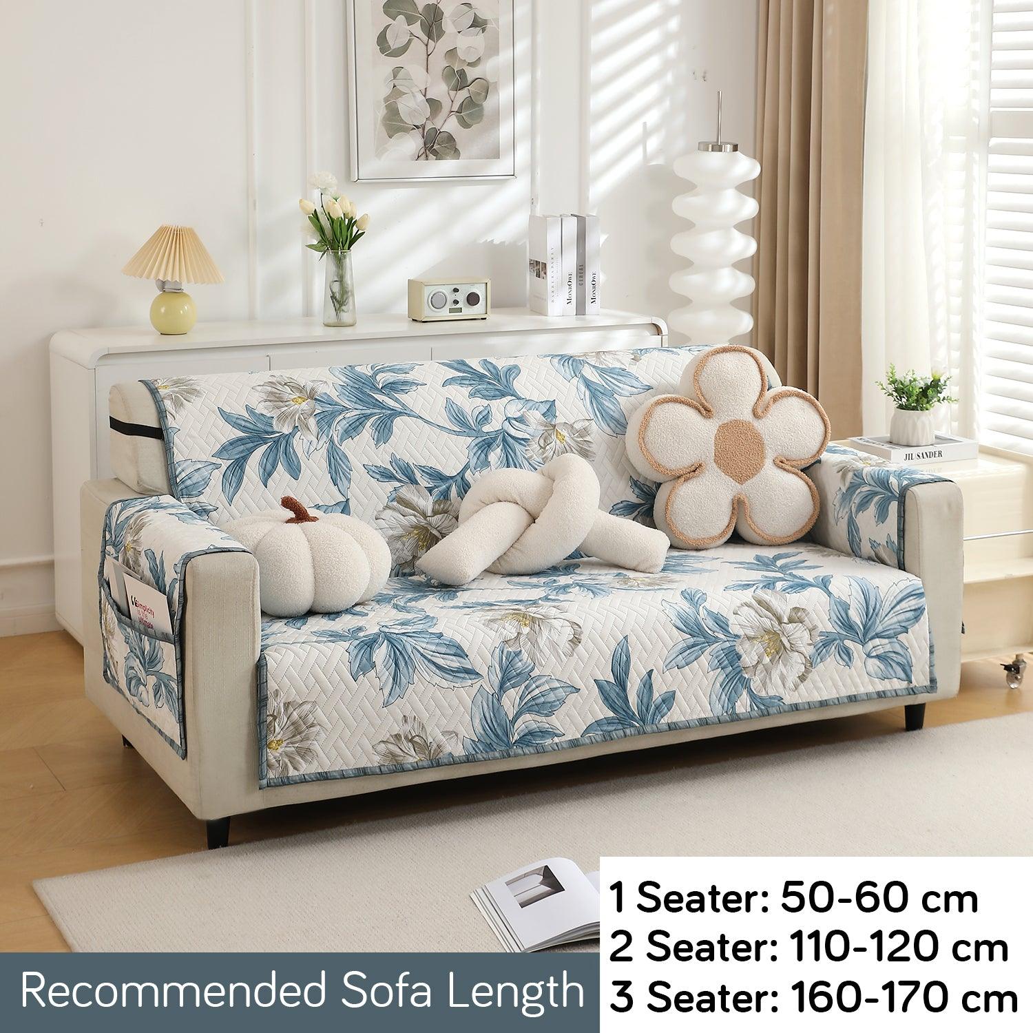 HOKIPO Quilted 1/2/3 Seater Sofa Cover with Pockets, Celadon Blue Camellia - HOKIPO | Har Ghar ka Humsafar