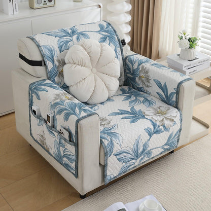 HOKIPO Quilted 1/2/3 Seater Sofa Cover with Pockets, Celadon Blue Camellia - HOKIPO | Har Ghar ka Humsafar