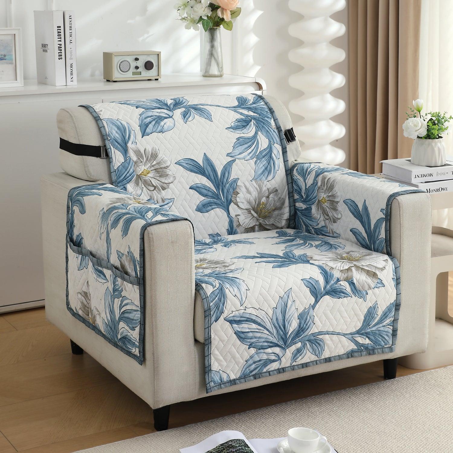 Celadon Blue Camellia Printed elegant 1 seater quilted sofa cover
