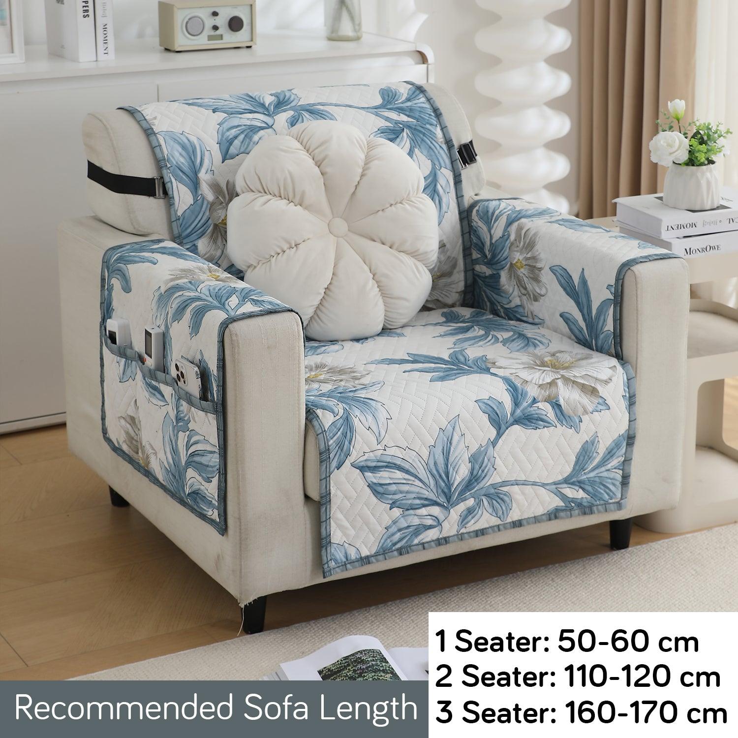 HOKIPO Quilted 1/2/3 Seater Sofa Cover with Pockets, Celadon Blue Camellia - HOKIPO | Har Ghar ka Humsafar