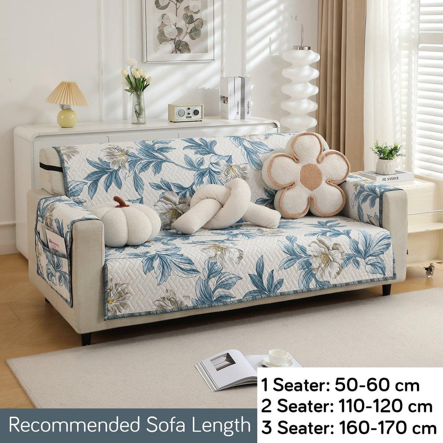 HOKIPO Quilted 1/2/3 Seater Sofa Cover with Pockets, Celadon Blue Camellia - HOKIPO | Har Ghar ka Humsafar