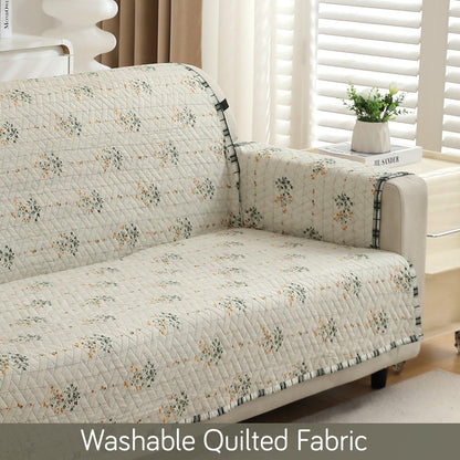 HOKIPO Quilted 1/2/3 Seater Sofa Cover with Pockets, Light Green Ash Gypsy Floral - HOKIPO | Har Ghar ka Humsafar