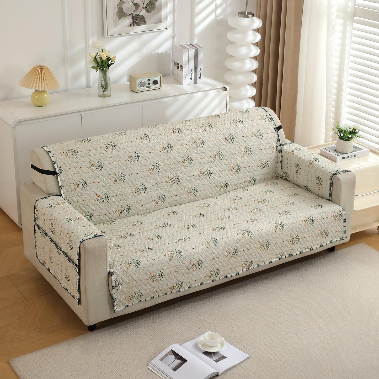 HOKIPO Quilted 1/2/3 Seater Sofa Cover with Pockets, Light Green Ash Gypsy Floral - HOKIPO | Har Ghar ka Humsafar