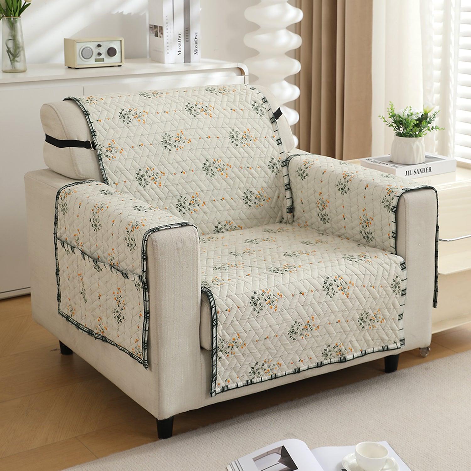 HOKIPO Quilted 1/2/3 Seater Sofa Cover with Pockets, Light Green Ash Gypsy Floral - HOKIPO | Har Ghar ka Humsafar