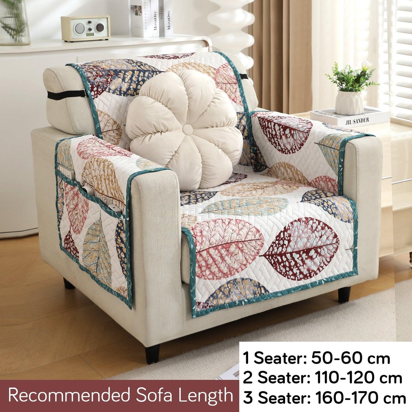 HOKIPO Quilted 1/2/3 Seater Sofa Cover with Pockets, Multicolor Linden Leaf - HOKIPO | Har Ghar ka Humsafar