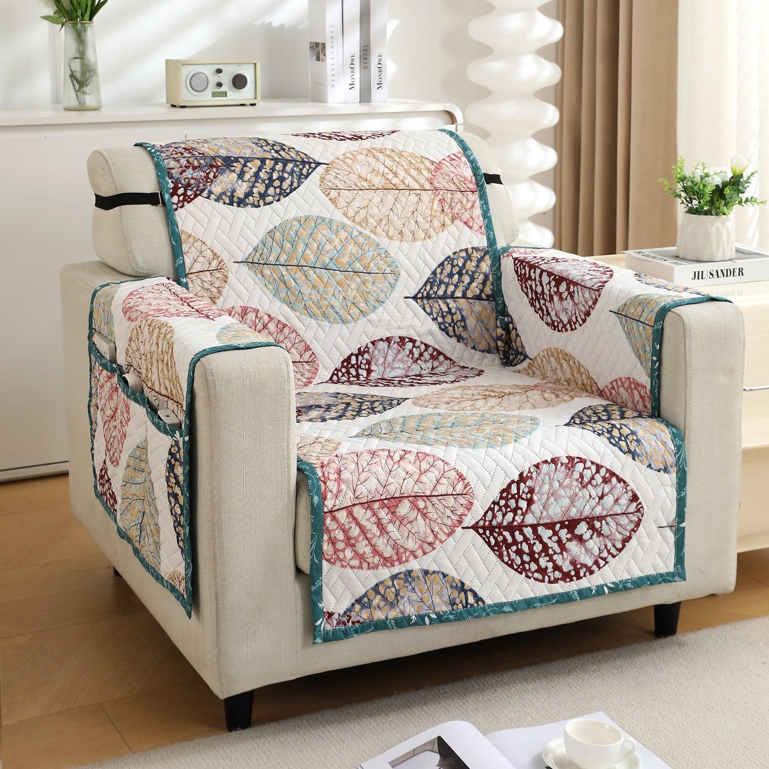 Multicolour Linden Leaf Print Quilted Sofa Cover Set HOKIPO