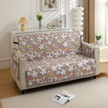 HOKIPO Quilted 1/2/3 Seater Sofa Cover with Pockets, Pastel Brown Sandwort Flower - HOKIPO | Har Ghar ka Humsafar