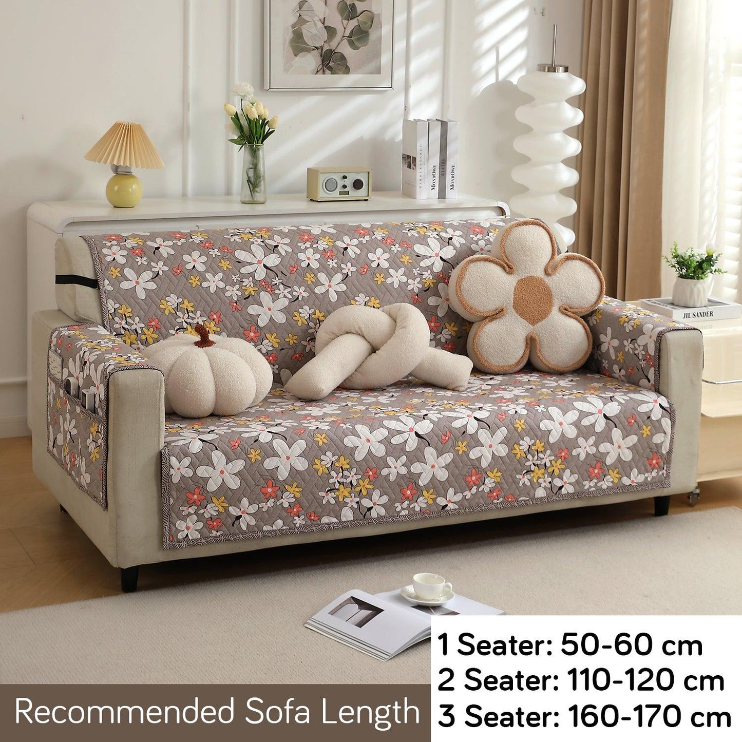 HOKIPO Quilted 1/2/3 Seater Sofa Cover with Pockets, Pastel Brown Sandwort Flower - HOKIPO | Har Ghar ka Humsafar