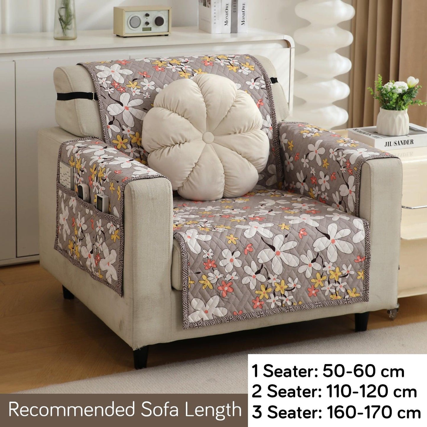 HOKIPO Quilted 1/2/3 Seater Sofa Cover with Pockets, Pastel Brown Sandwort Flower - HOKIPO | Har Ghar ka Humsafar