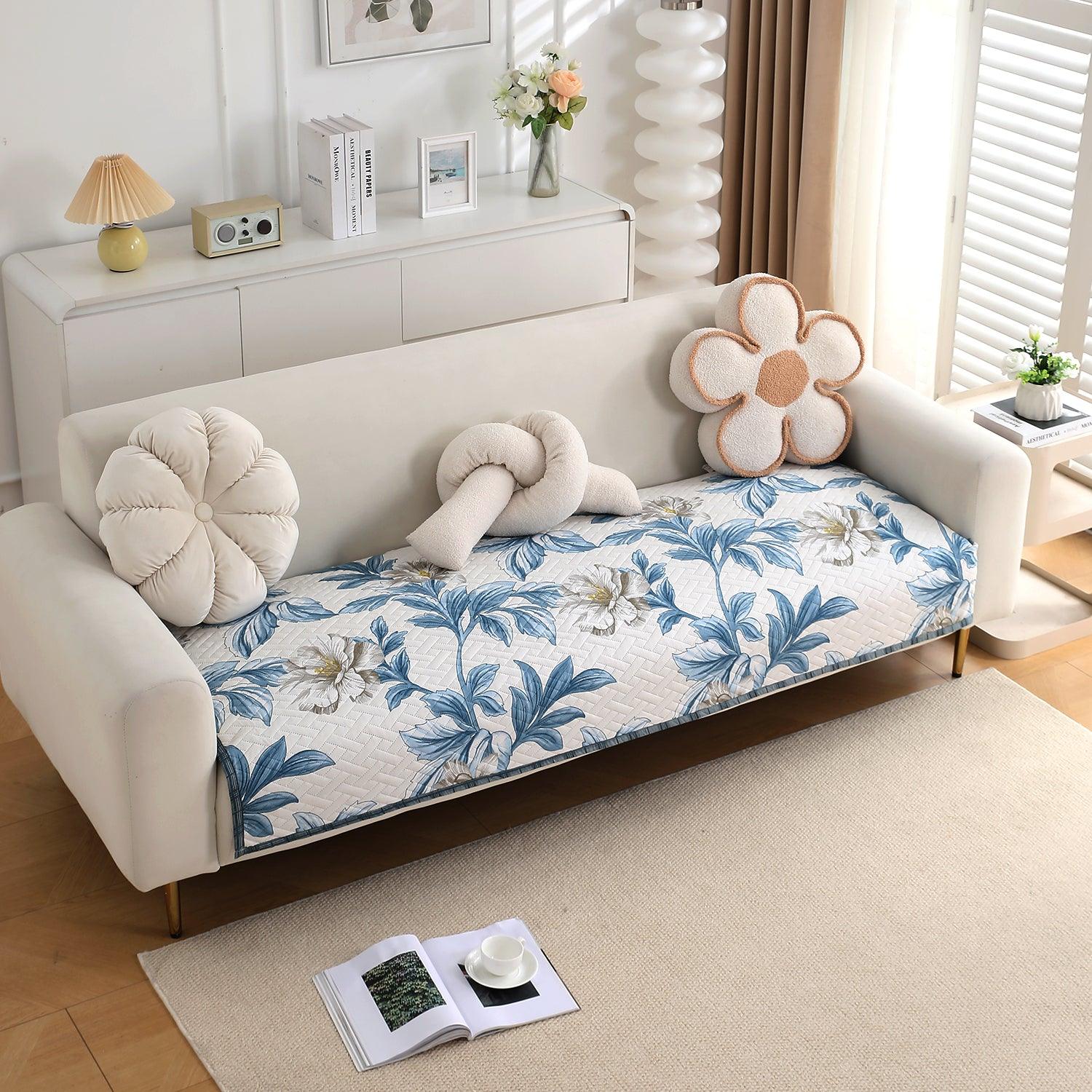 HOKIPO Quilted Sofa Cover Seat Mat for 1/2/3 Seater, Celadon Blue Camellia - HOKIPO | Har Ghar ka Humsafar