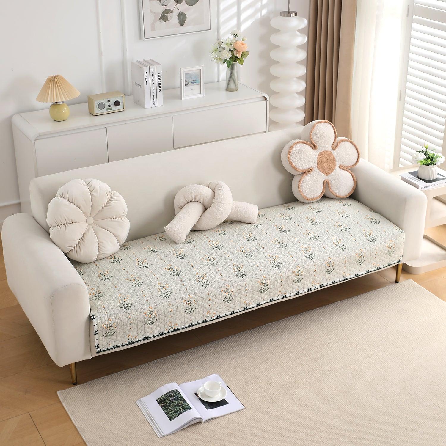 HOKIPO Quilted Sofa Cover Seat Mat for 1/2/3 Seater, Light Green Ash Gypsy Flower - HOKIPO | Har Ghar ka Humsafar