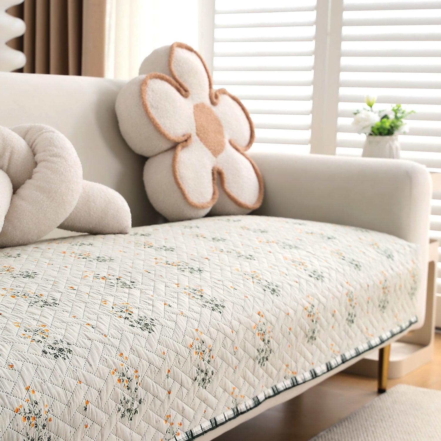 HOKIPO Quilted Sofa Cover Seat Mat for 1/2/3 Seater, Light Green Ash Gypsy Flower - HOKIPO | Har Ghar ka Humsafar