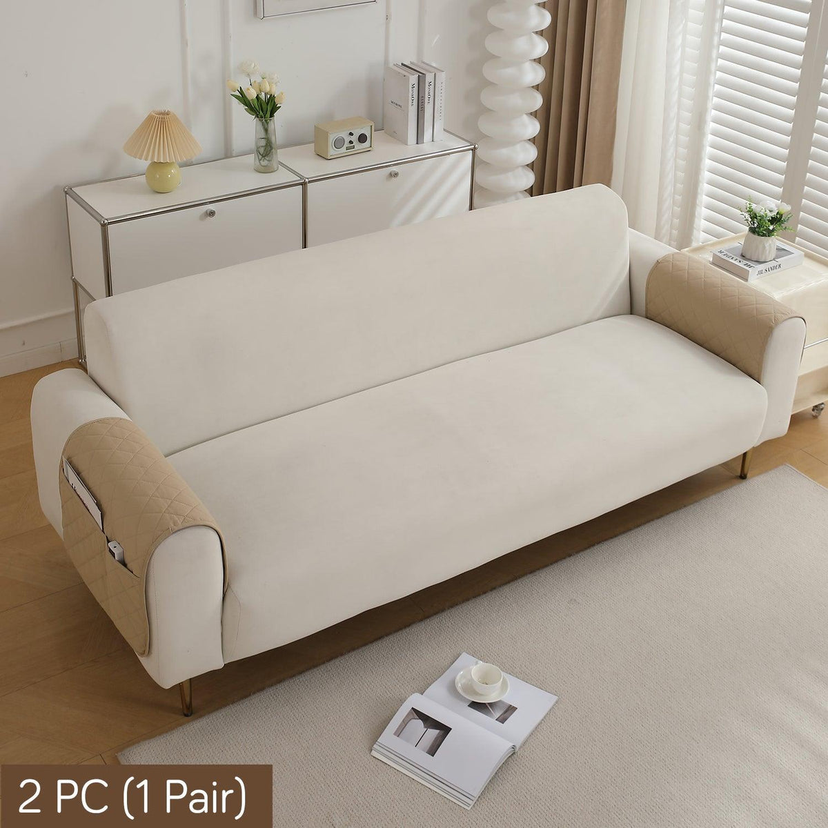 HOKIPO Quilted Waterproof Anti - Slip Sofa Armrest Covers with Pockets (2 Pcs), Beige - HOKIPO | Har Ghar ka Humsafar