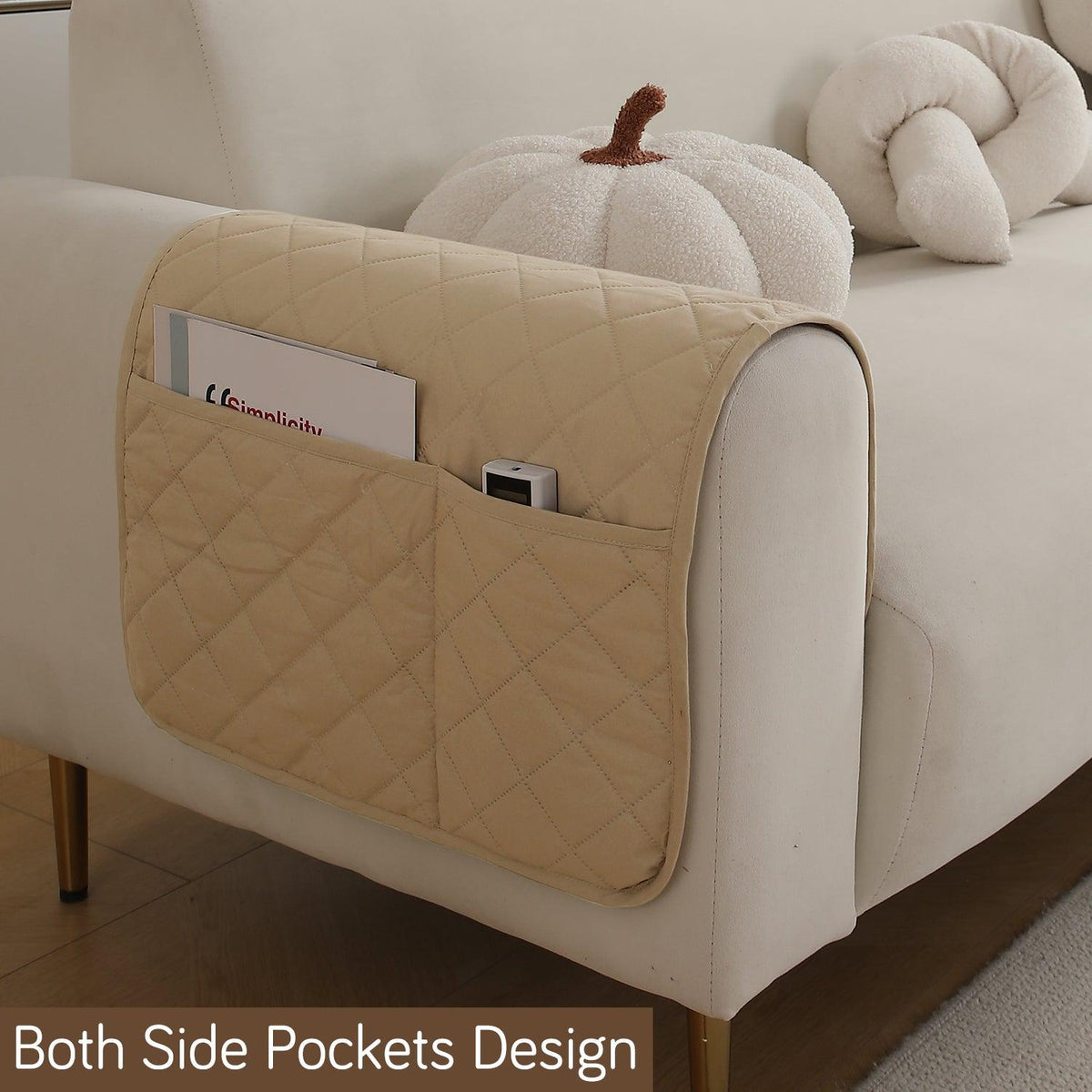 HOKIPO Quilted Waterproof Anti - Slip Sofa Armrest Covers with Pockets (2 Pcs), Beige - HOKIPO | Har Ghar ka Humsafar