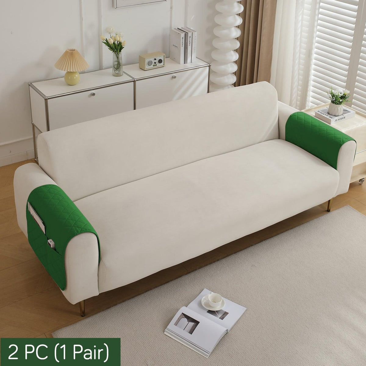 HOKIPO Quilted Waterproof Anti - Slip Sofa Armrest Covers with Pockets (2 Pcs), Green - HOKIPO | Har Ghar ka Humsafar