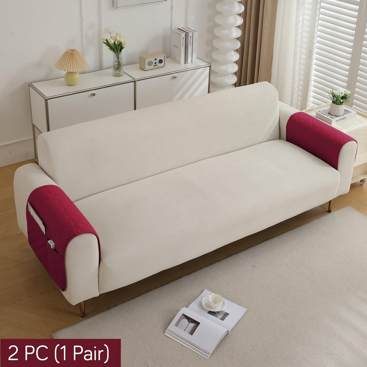 HOKIPO Quilted Waterproof Anti - Slip Sofa Armrest Covers with Pockets (2 Pcs), Maroon - HOKIPO | Har Ghar ka Humsafar