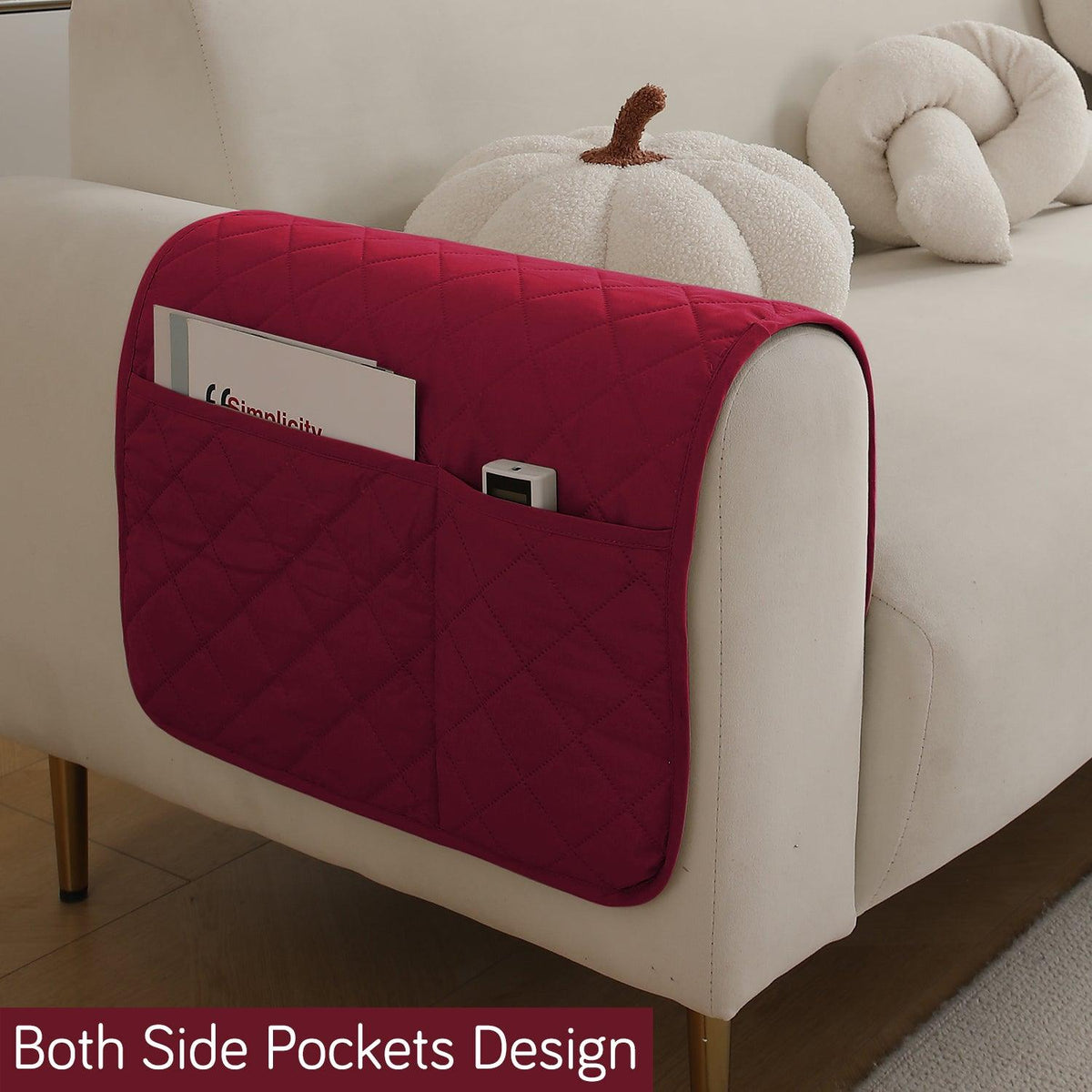 HOKIPO Quilted Waterproof Anti - Slip Sofa Armrest Covers with Pockets (2 Pcs), Maroon - HOKIPO | Har Ghar ka Humsafar