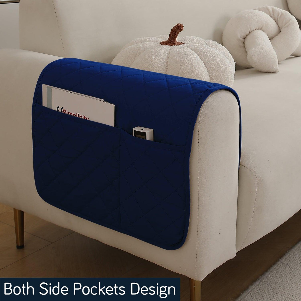 HOKIPO Quilted Waterproof Anti - Slip Sofa Armrest Covers with Pockets (2 Pcs), Navy Blue - HOKIPO | Har Ghar ka Humsafar