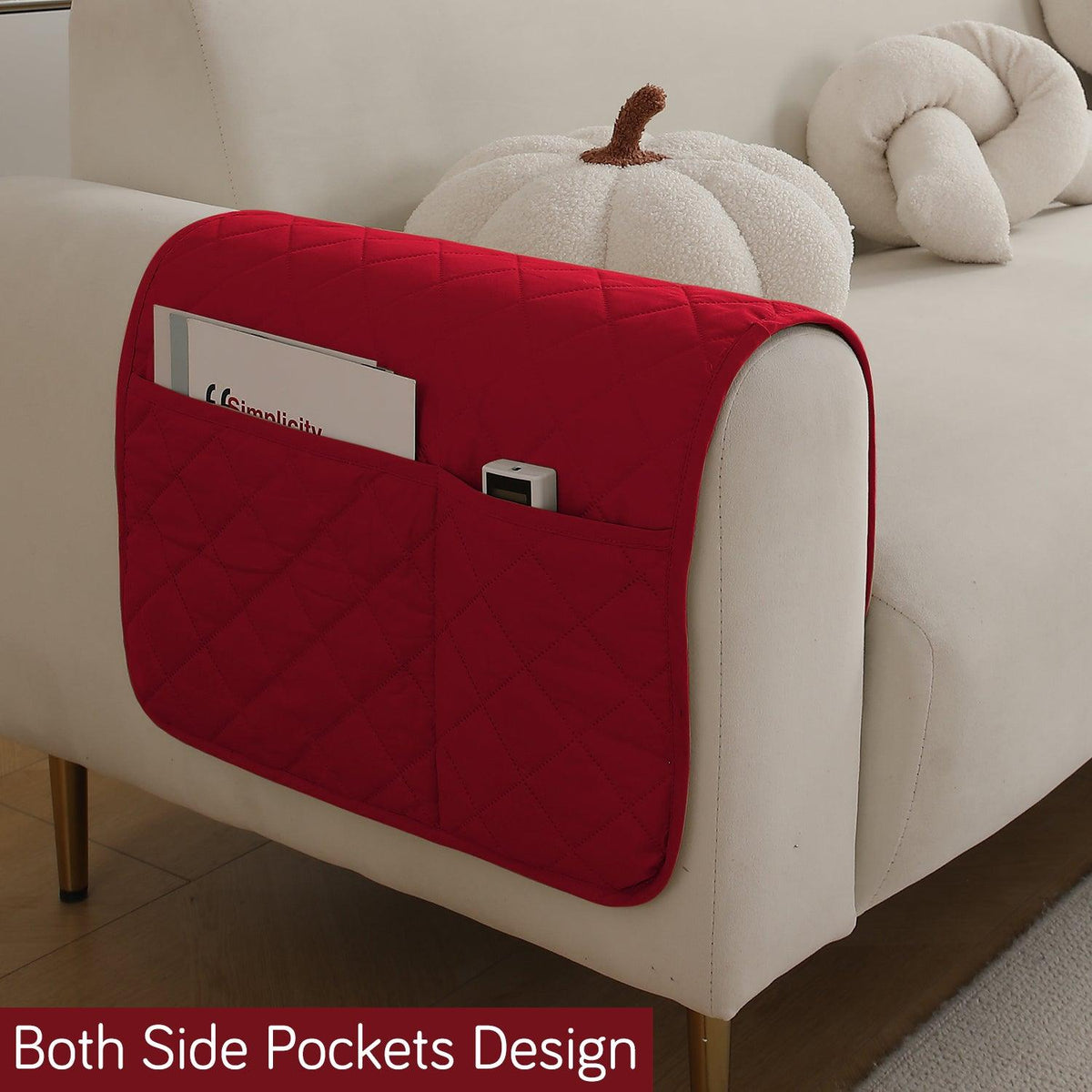 HOKIPO Quilted Waterproof Anti - Slip Sofa Armrest Covers with Pockets (2 Pcs), Red - HOKIPO | Har Ghar ka Humsafar