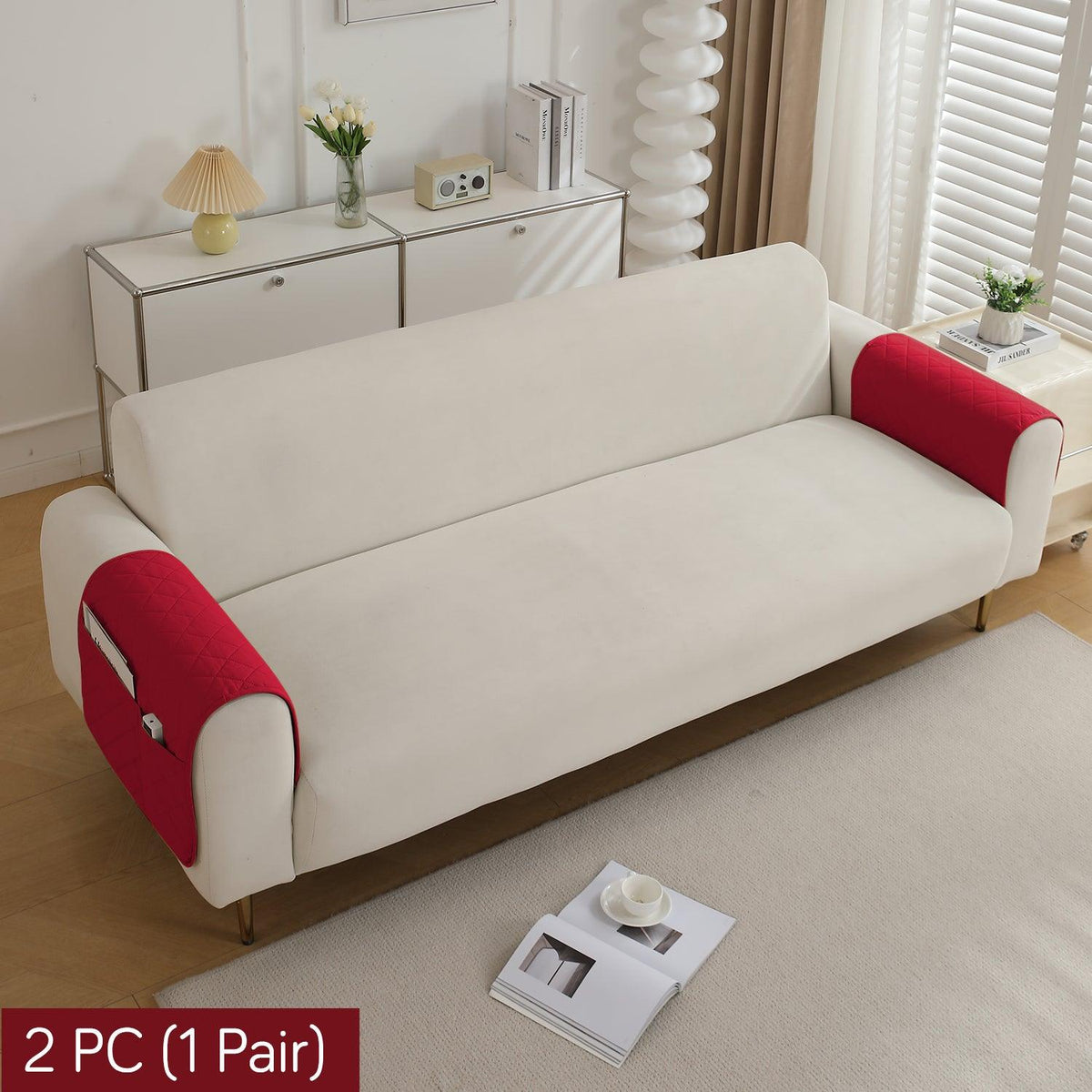 HOKIPO Quilted Waterproof Anti - Slip Sofa Armrest Covers with Pockets (2 Pcs), Red - HOKIPO | Har Ghar ka Humsafar