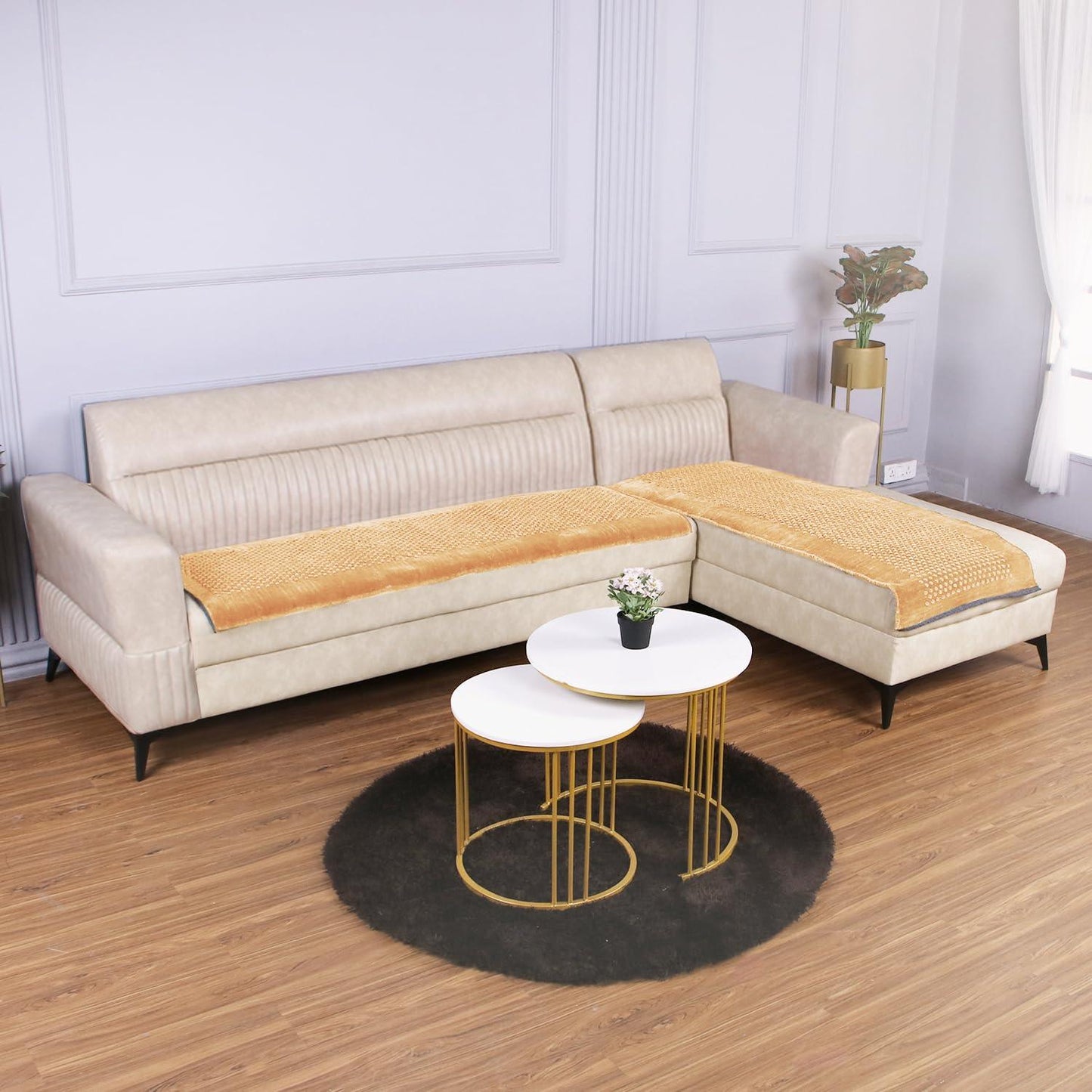HOKIPO Thick Poly Velvet Sofa Cover L Shape, Buff Cream - HOKIPO | Har Ghar ka Humsafar