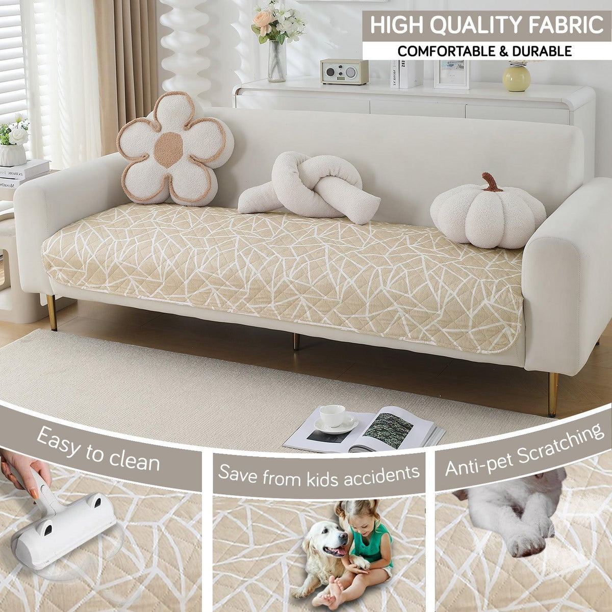 HOKIPO Water Repellent Sofa Seat Mat for 1/2/3 Seater - Beige Abstract Geometry - HOKIPO | Har Ghar ka Humsafar