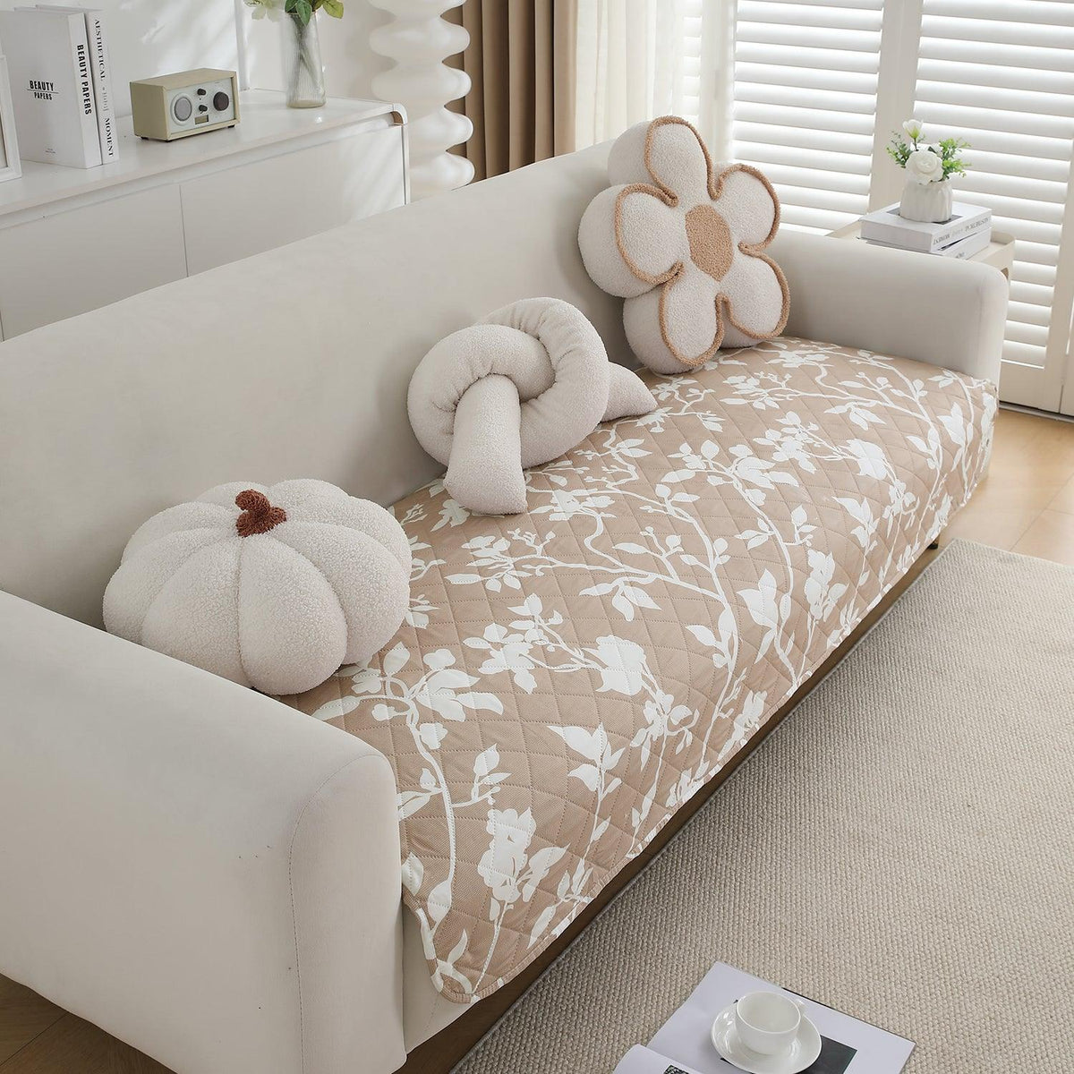 HOKIPO Water Repellent Sofa Seat Mat for 1/2/3 Seater - Buff Brown Sillehoute Floral - HOKIPO | Har Ghar ka Humsafar