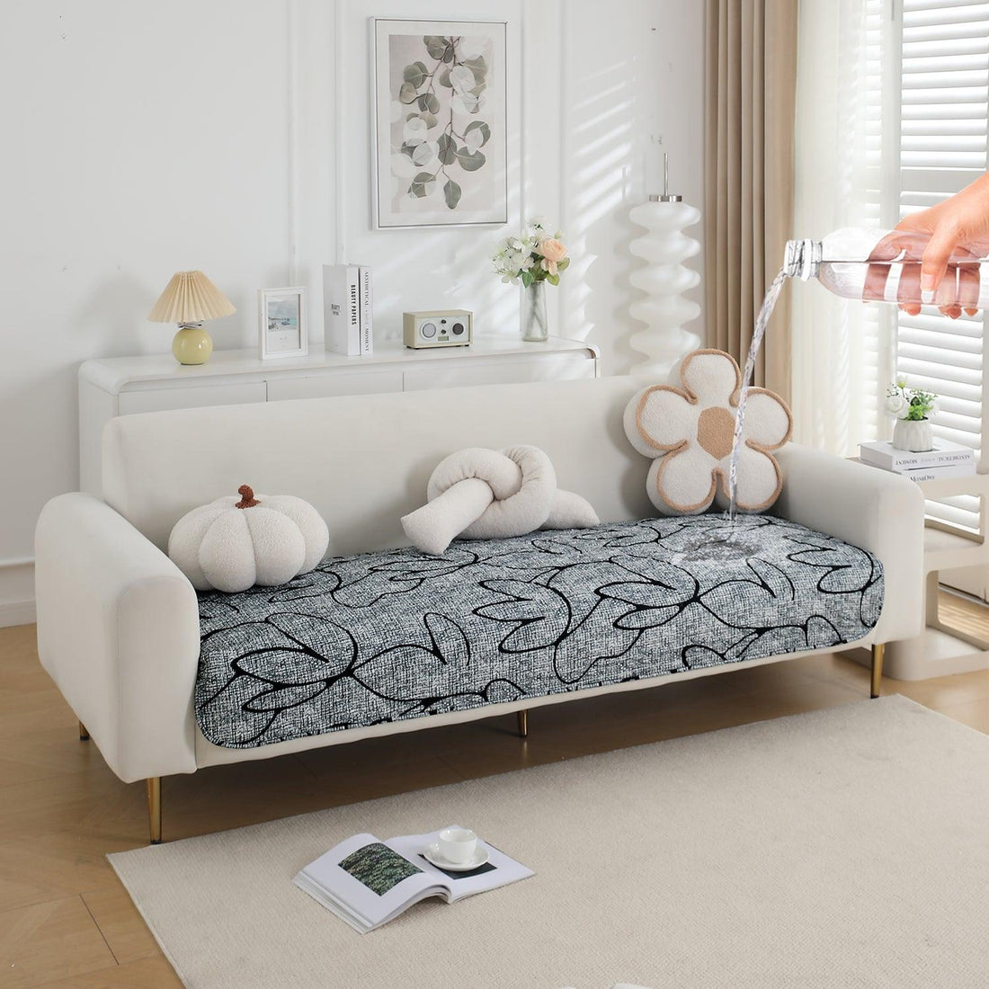 HOKIPO Water Repellent Sofa Seat Mat for 1/2/3 Seater - Intense Grey Abstract Floral - HOKIPO | Har Ghar ka Humsafar
