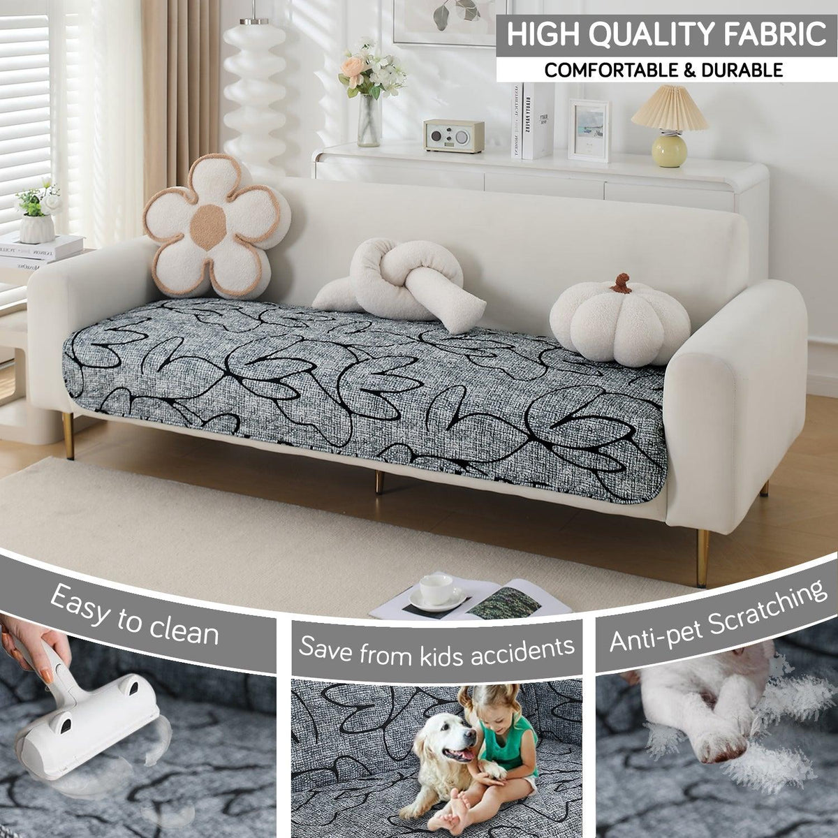 HOKIPO Water Repellent Sofa Seat Mat for 1/2/3 Seater - Intense Grey Abstract Floral - HOKIPO | Har Ghar ka Humsafar