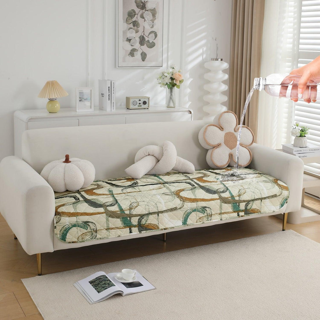 HOKIPO Water Repellent Sofa Seat Mat for 1/2/3 Seater - Parchement Beige Abstract Art - HOKIPO | Har Ghar ka Humsafar